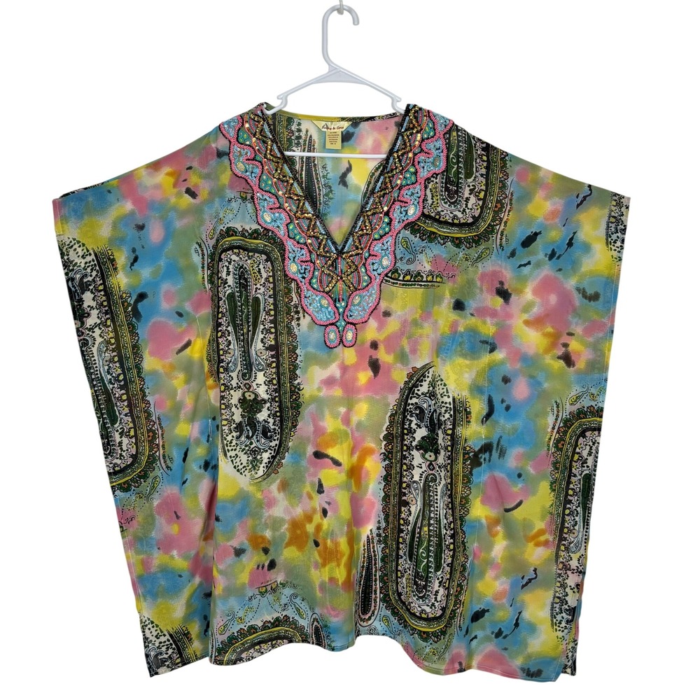 Lucky & Coco Kaftan Cover Up Womens Medium Beach Beaded Paisley Boho Resortwear